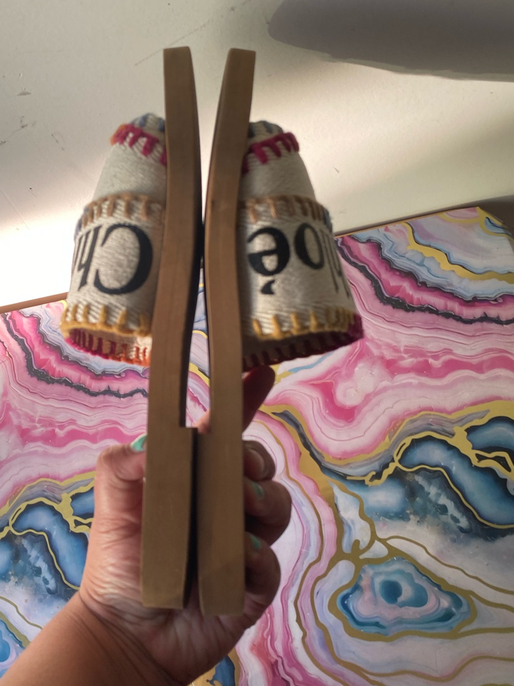 Chloe Woody Embroidered Canvas Logo Flat Slide Sandal Size 38 US 8 Boho - Picture 4 of 12